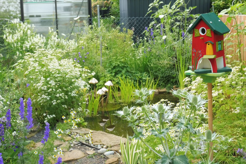 Gartenansicht mit Teich und Vogelhaus
